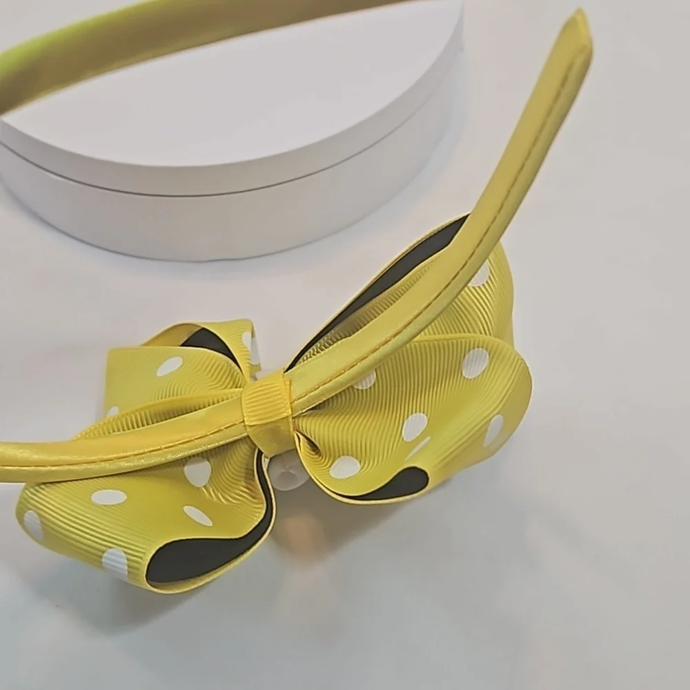 Hand Crafted Handmade Bow Hairband Yellow white polka-dot black contrast ribbon